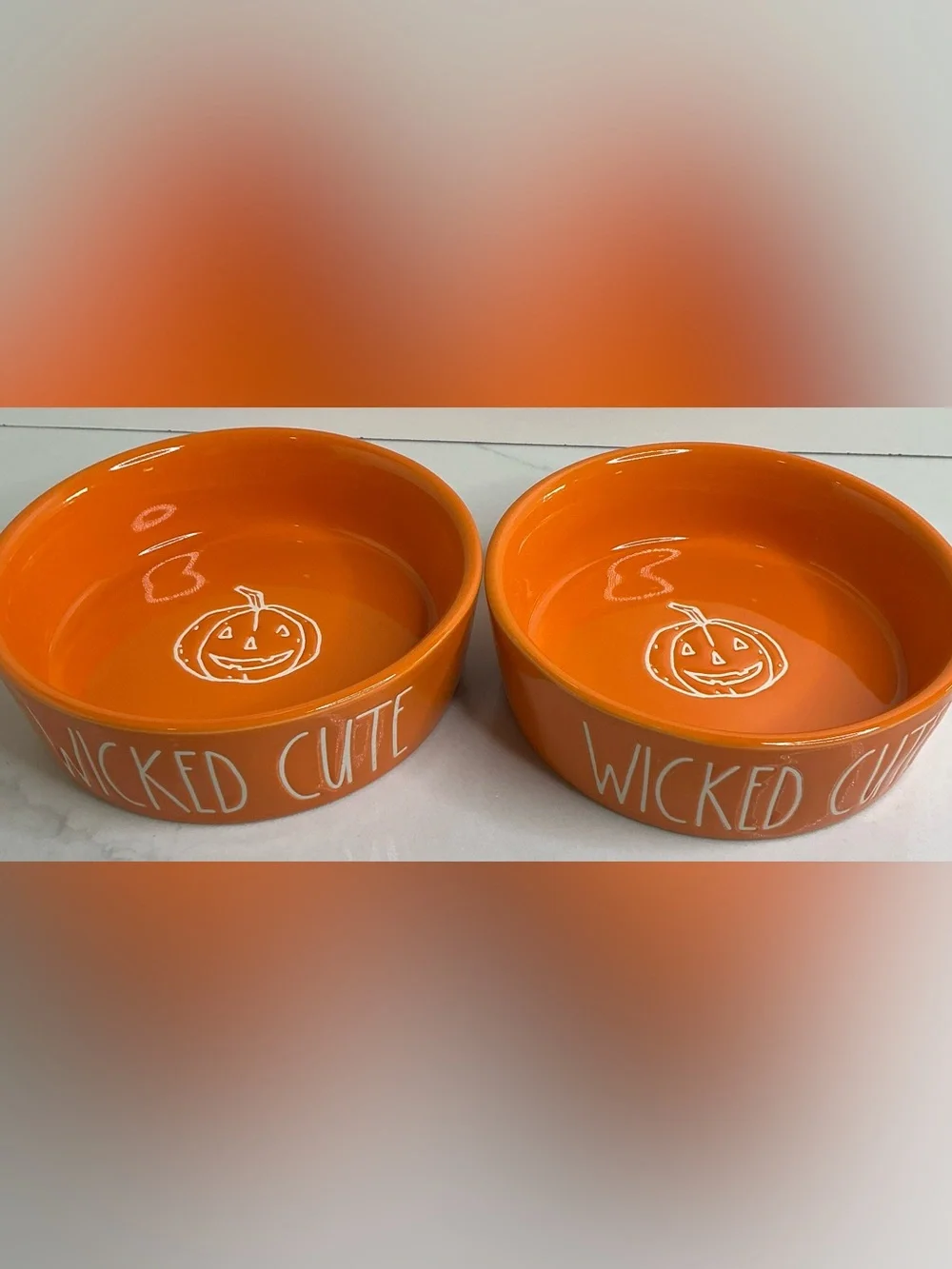 2 Rae Dunn Food Water Bowl Wicked Cute Dog Cat Small Ceramic Halloween Orange